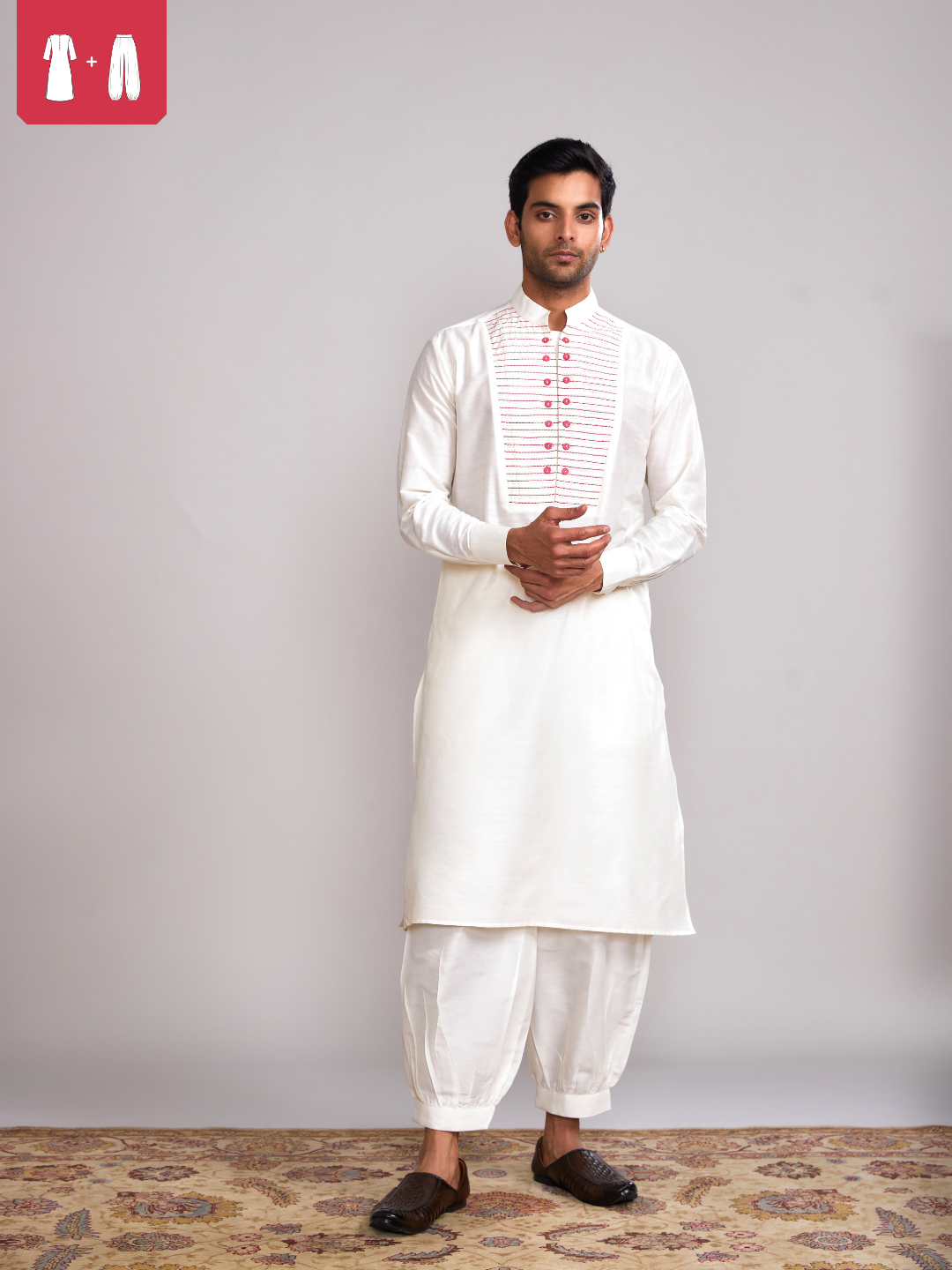 Pintuck yoke straight kurta paired with pathani pants- Ivory