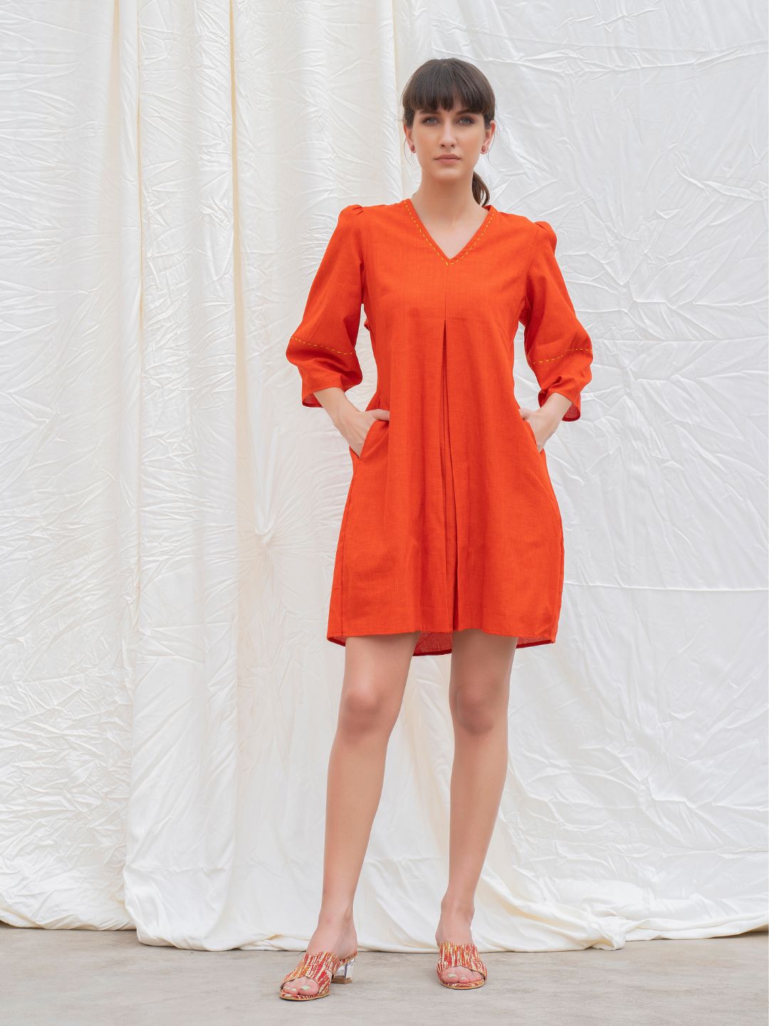 Orange Rust Mangalgiri Box Pleated Dress