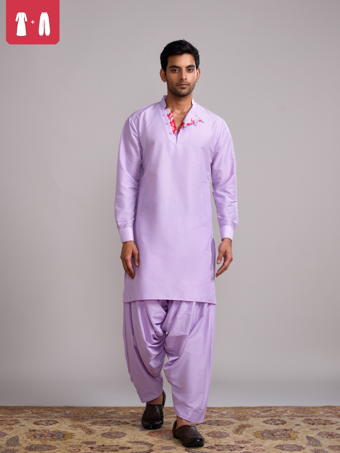 Mandarin collar straight kurta paired with salwar- Lavender