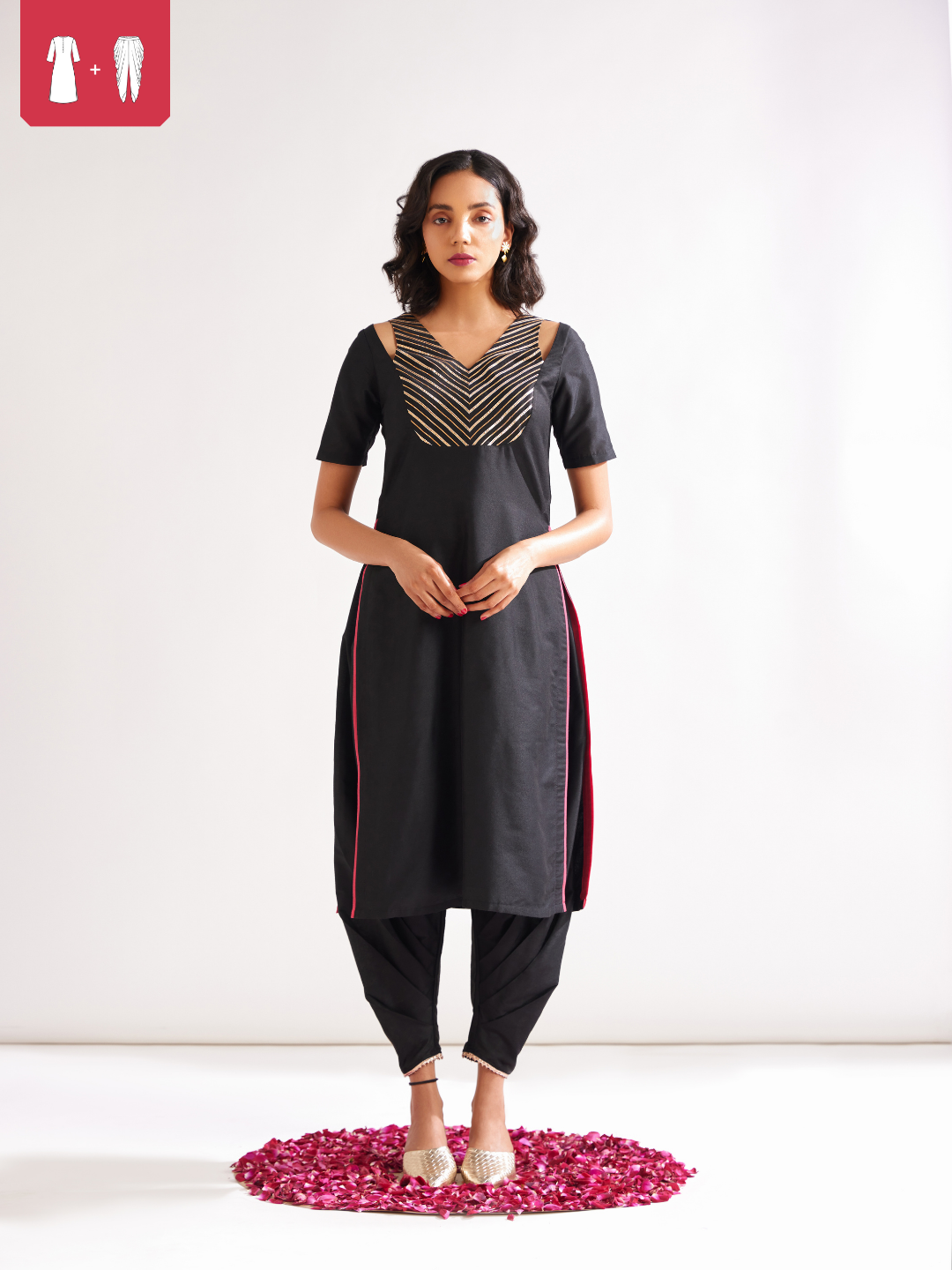 Shoulder cut-out kurta highlighted with gota patti yoke paired with side pleated pants- Rich black