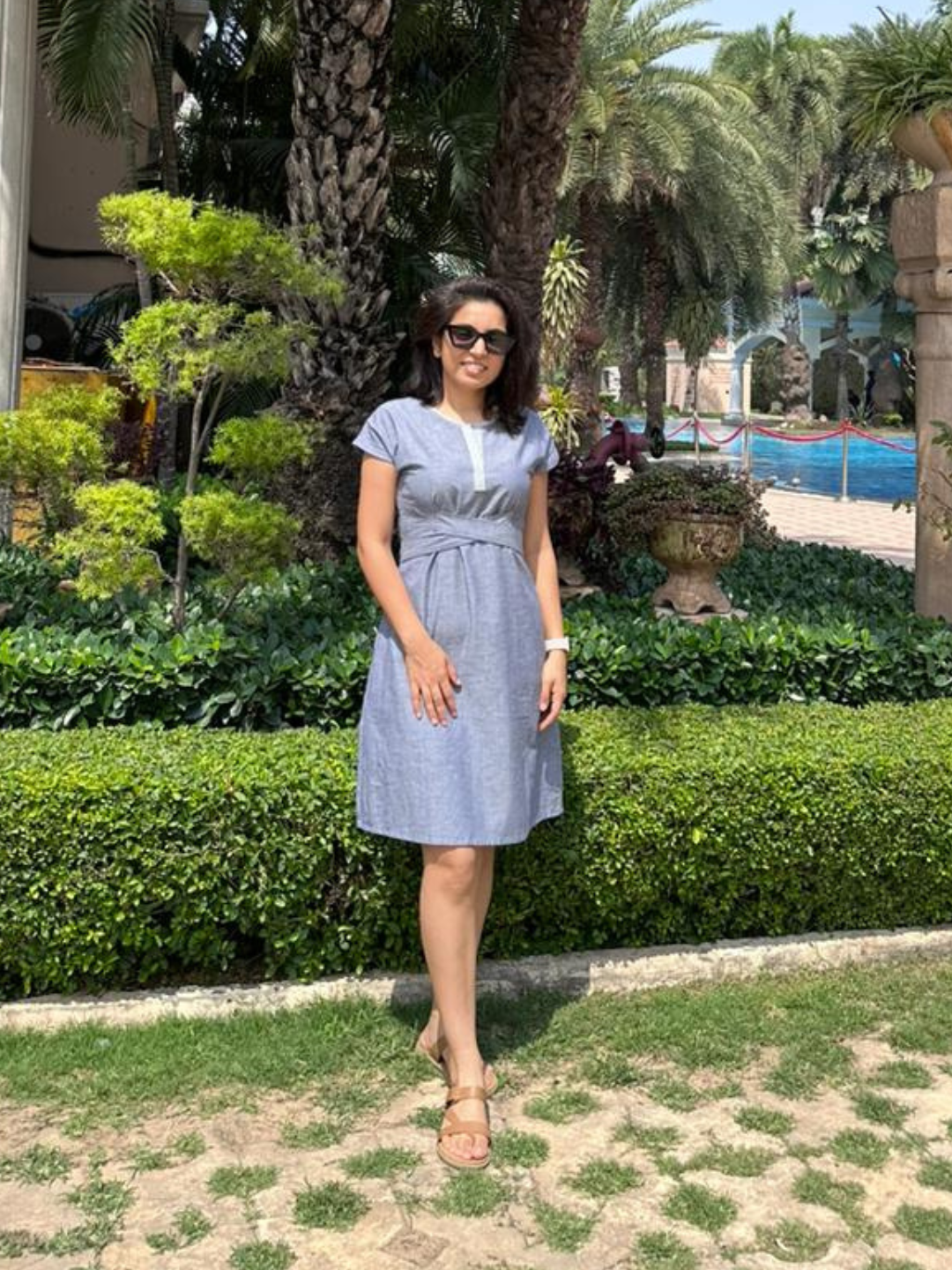 Cross Tie-up Chambray Dress with A-line Silhouette Cross Tie-up Chambray Dress with A-line Silhouette