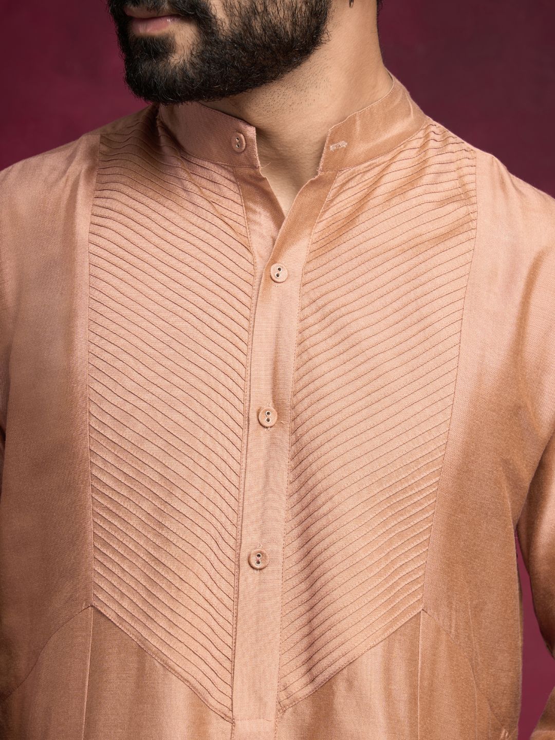Pintuck neck yoke side panel kurta- Coffee brown