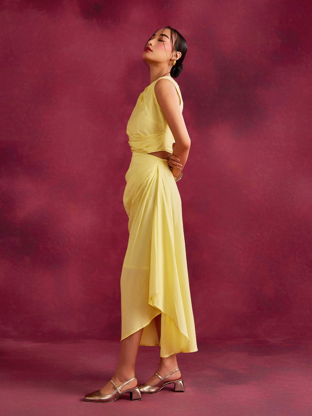 Pleated drape top & skirt co-ord set- Lemon yellow