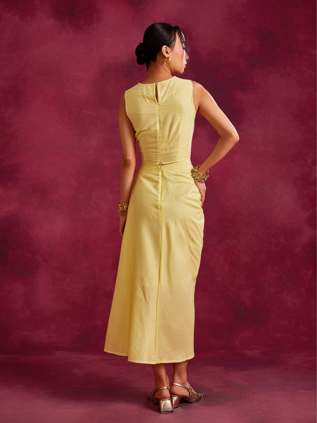 Pleated drape top & skirt co-ord set- Lemon yellow