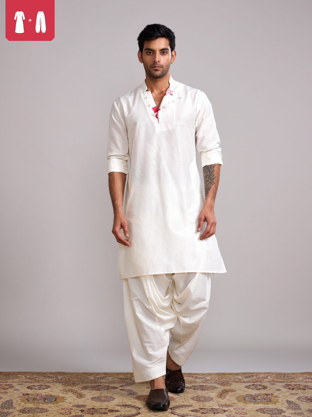 Mandarin collar straight kurta paired with salwar- Ivory