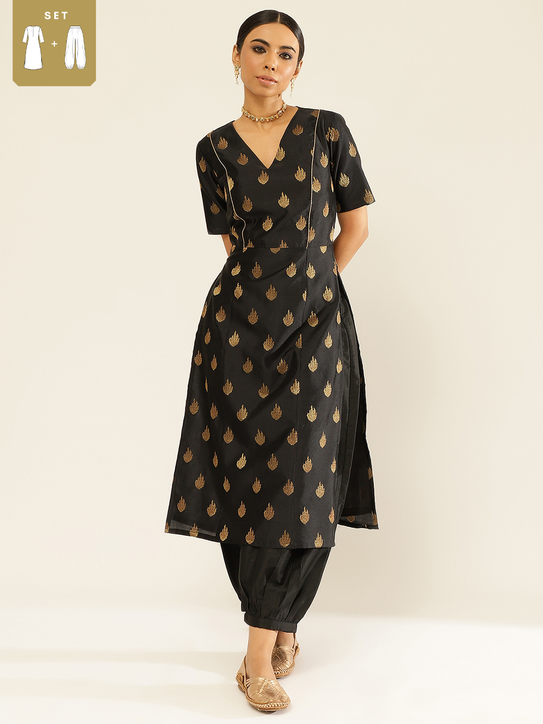 Zari Tafetta Kurta with contrasting details paired with pathani pants