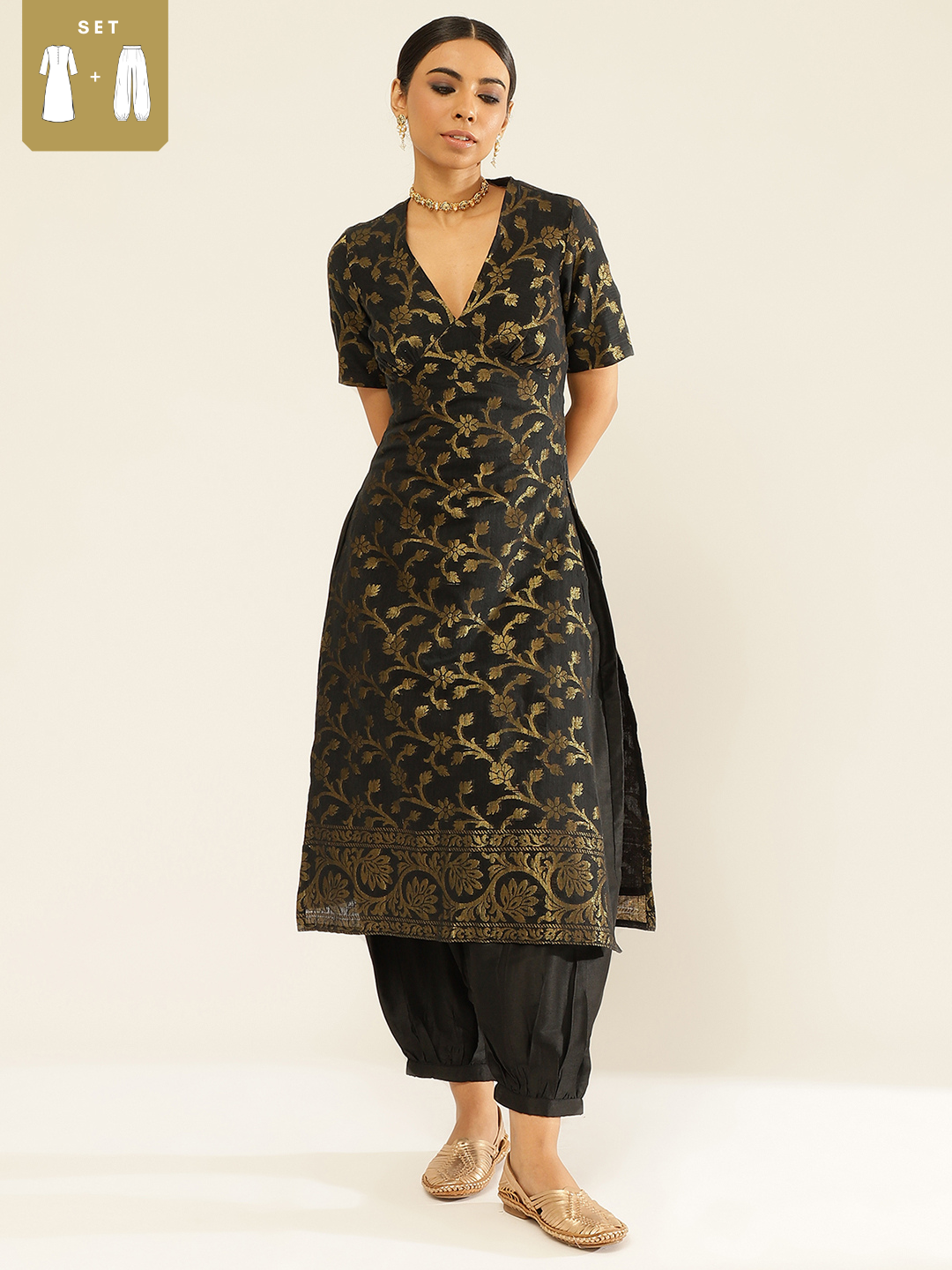 Cotton zari baswada Kurta Set with Back Cut-out and tie-up