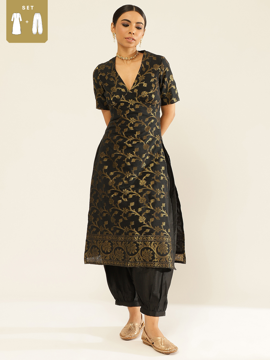 Cotton zari baswada Kurta with Back Cut-out and tie-up paired with pathani pants