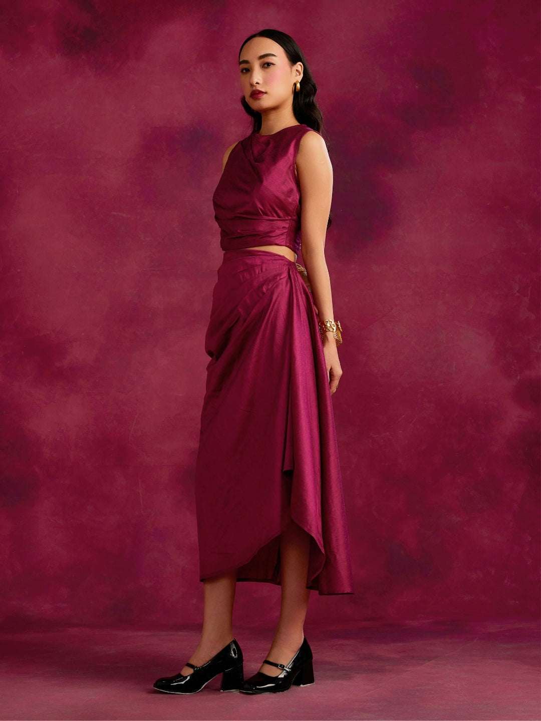 Pleated drape top & skirt co-ord set- Cabaret pink