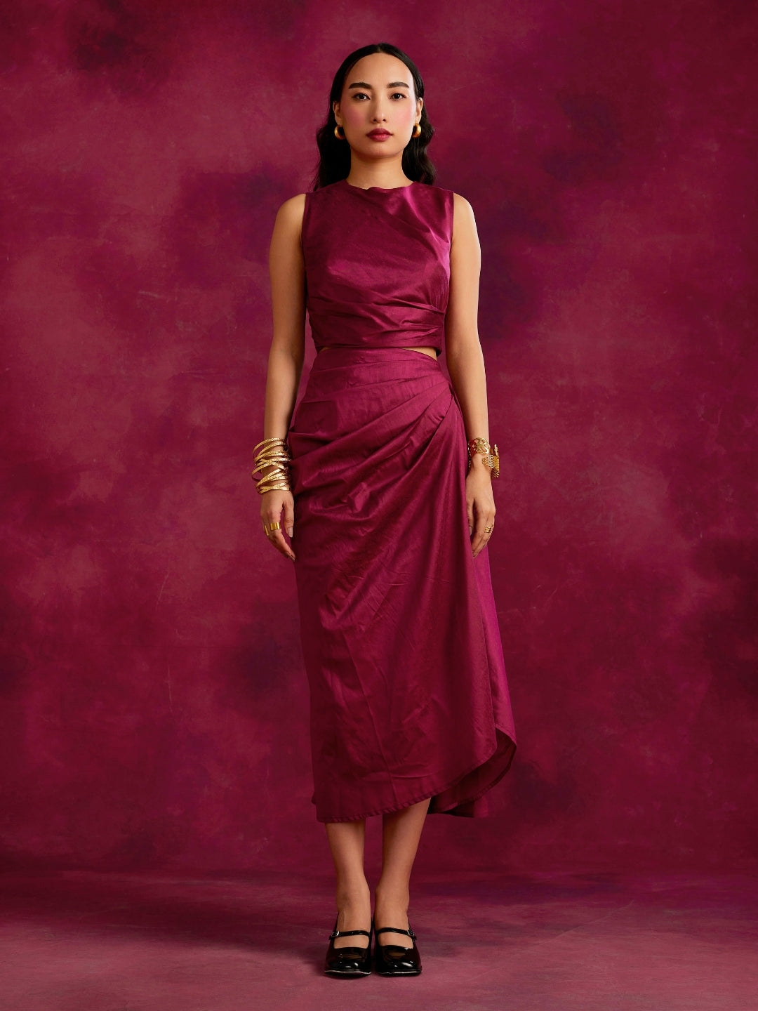 Pleated drape top & skirt co-ord set- Cabaret pink