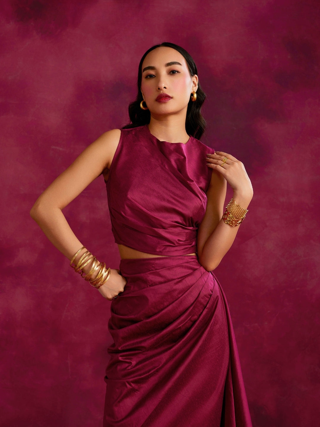 Pleated drape top & skirt co-ord set- Cabaret pink