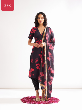 Gulmohar back tie-up kurta Paired with side pleated dhoti along with dupatta- Rich black