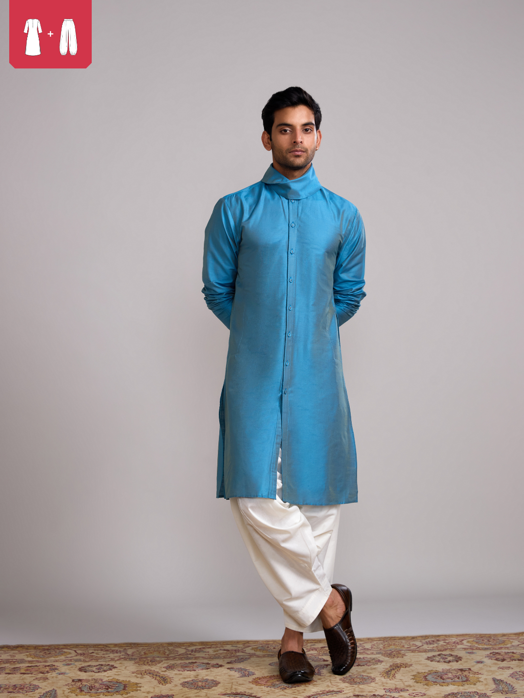 Cowl neck straight kurta paired with salwar- Blue moon