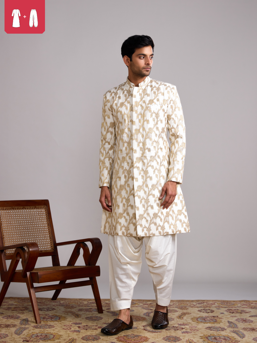 Banarasi Baswada Mandarin collar kurta paired with salwar- Ivory