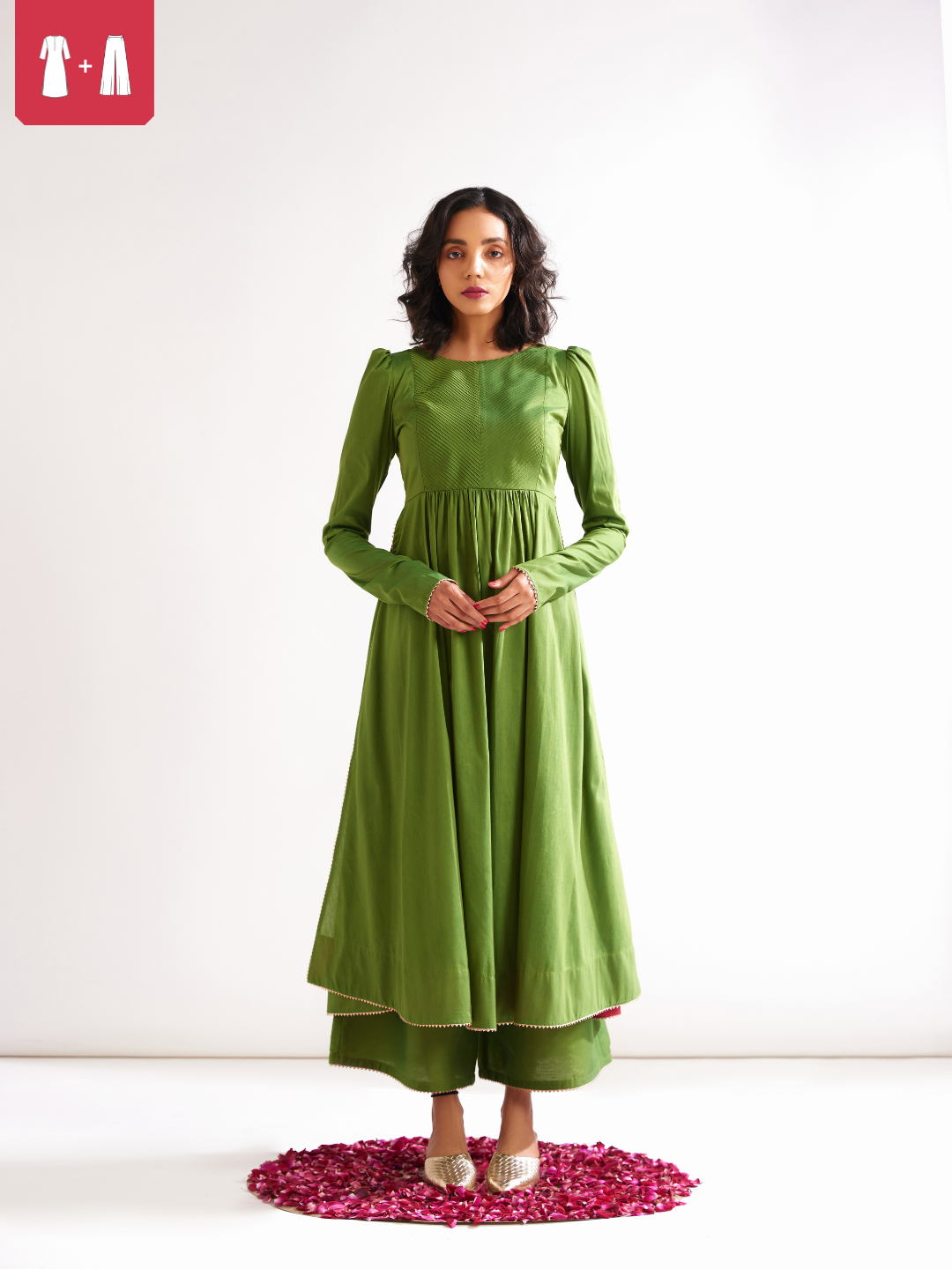 Pintucked yoke flared kurta with churidaar sleeves with palazzo pants- Pepper Green