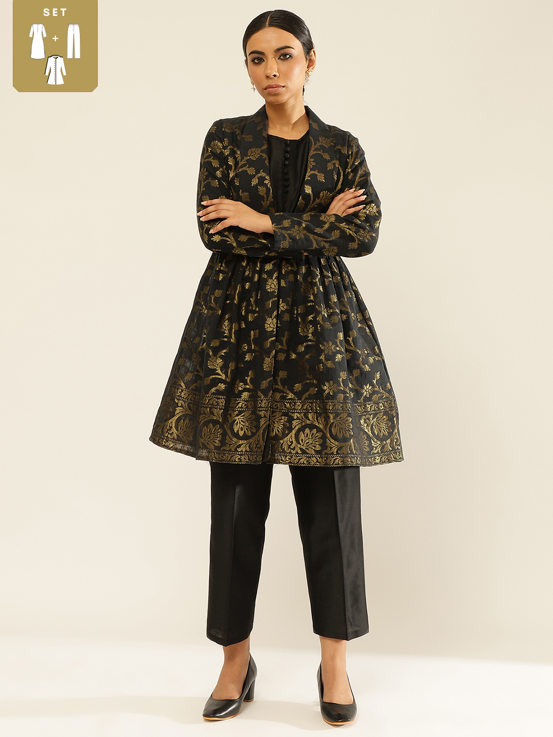 Cotton zari baswada circular jacket & top paired with trouser