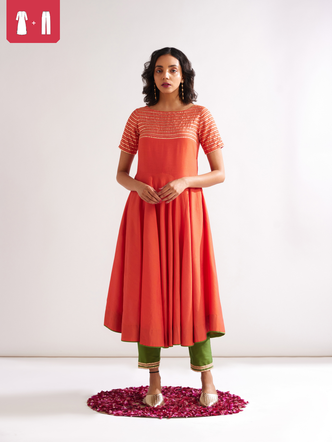 Circular panelled Kurta highlighted with Gota patti yoke paired with pegged pants- Spicy Orange