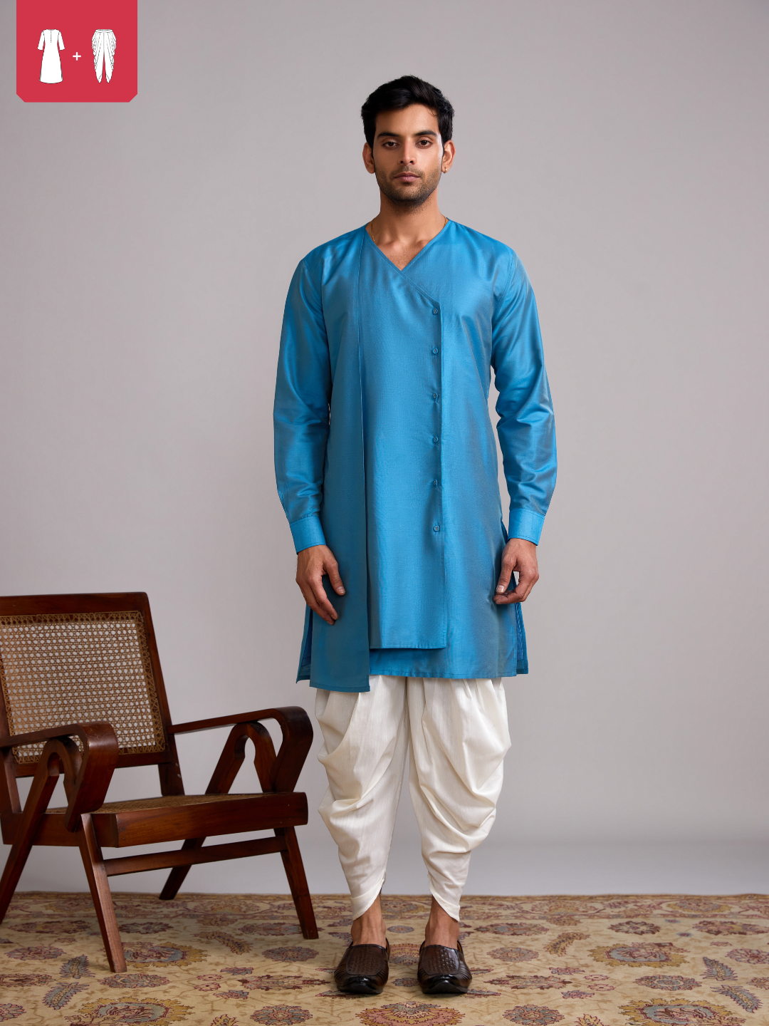 Overlap layered panel kurta paired with dhoti pants- Blue moon