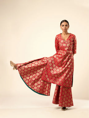 Lotus Jaal Baranasi Silk Sharara- Red