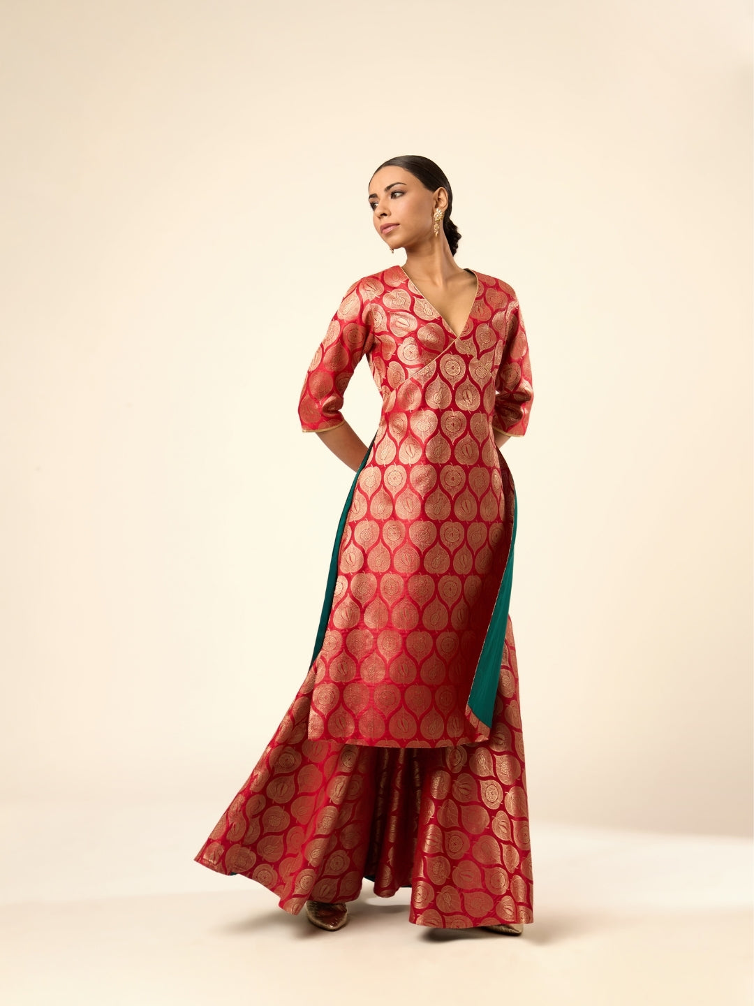 Lotus Jaal Baranasi Silk Sharara- Red