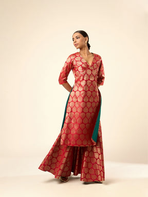 Lotus Jaal Baranasi Silk Sharara- Red
