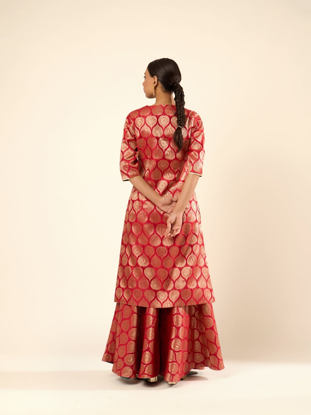 Lotus Jaal Baranasi Silk Sharara- Red