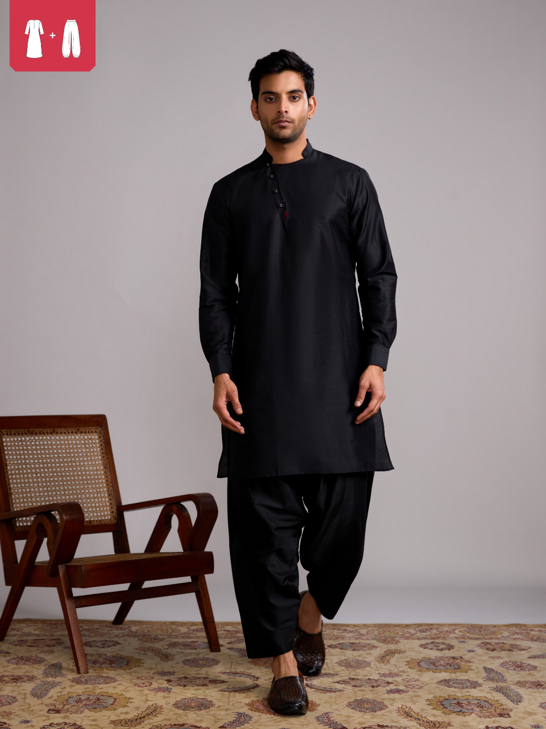 Mandarin collar straight kurta paired with salwar- Rich Black