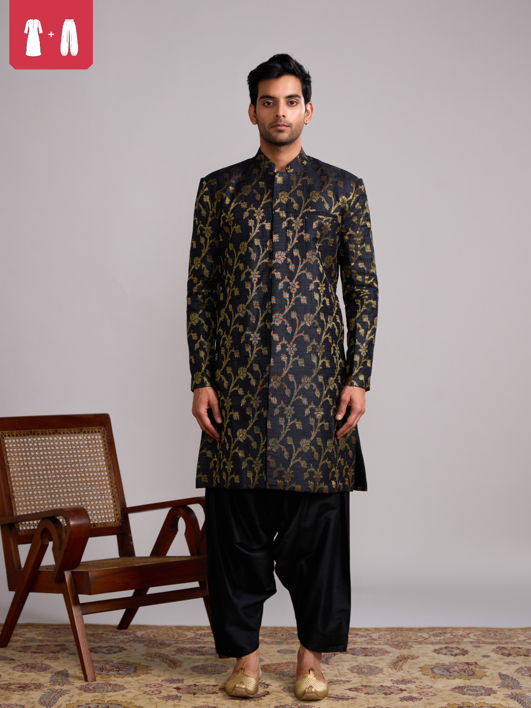 Banarasi Baswada Mandarin collar kurta paired with salwar- Rich black