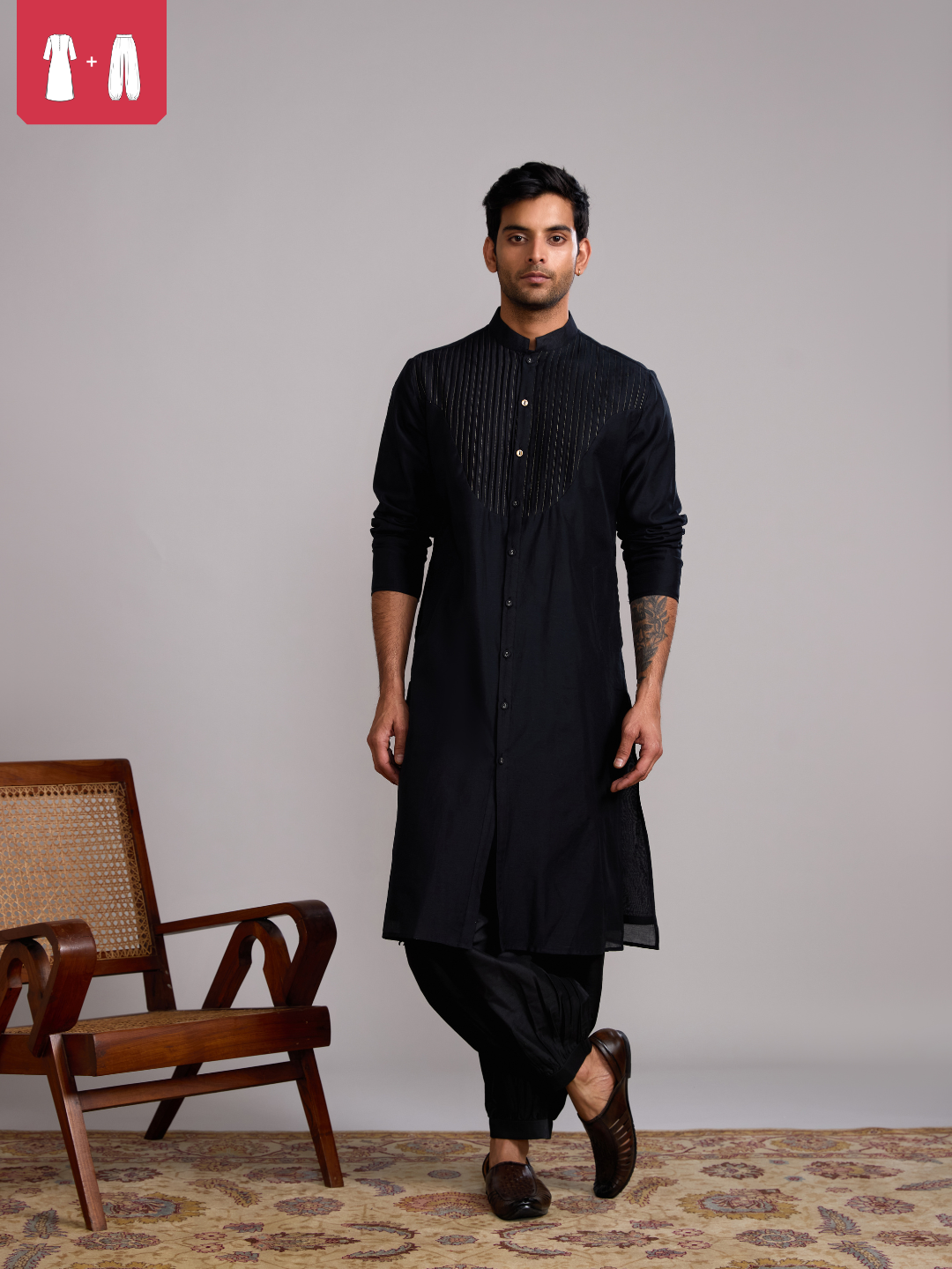 Pintuck neck yoke straight kurta paired with pathani pants- Rich black