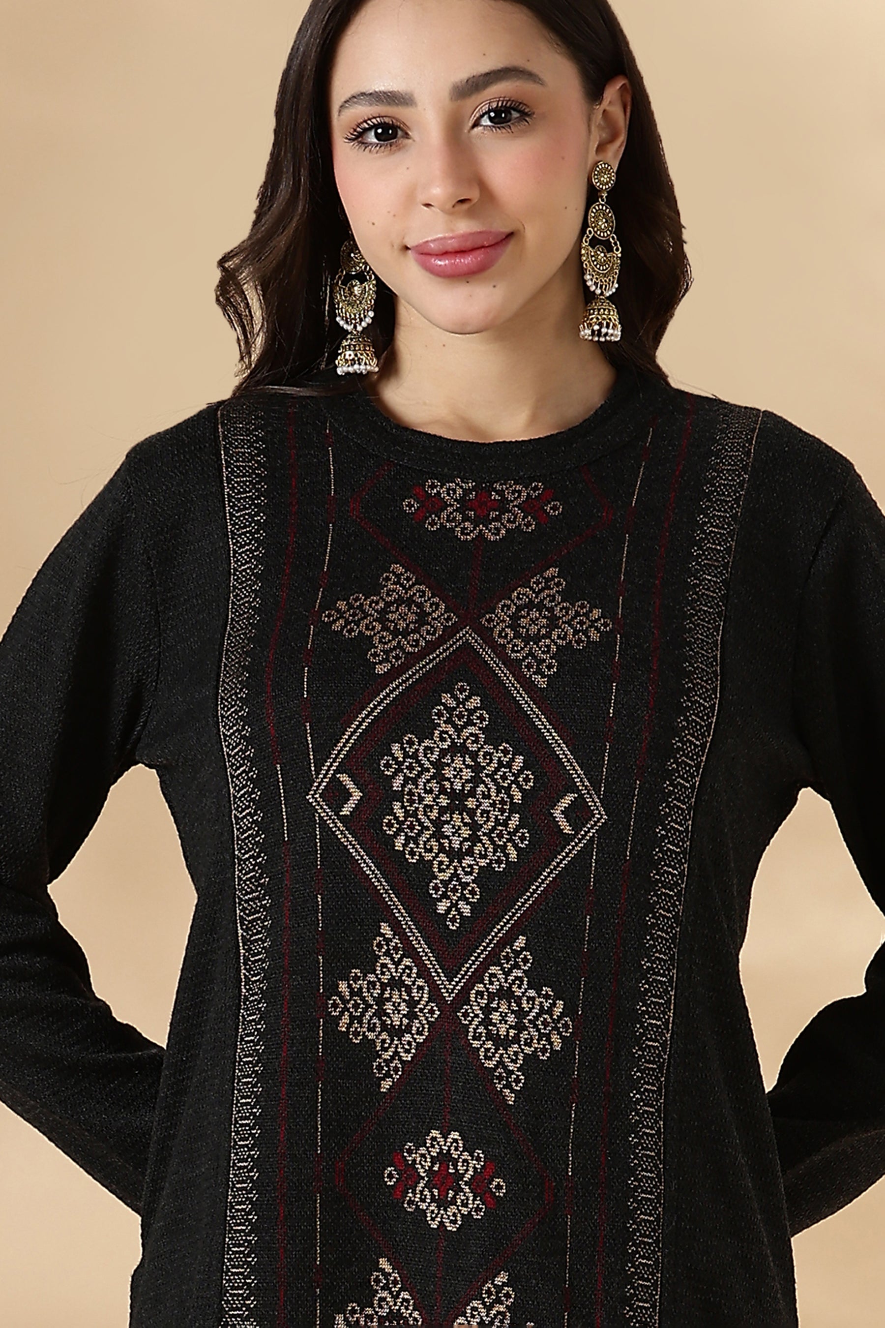 Black Geometric Motif Panel kurta Pant set