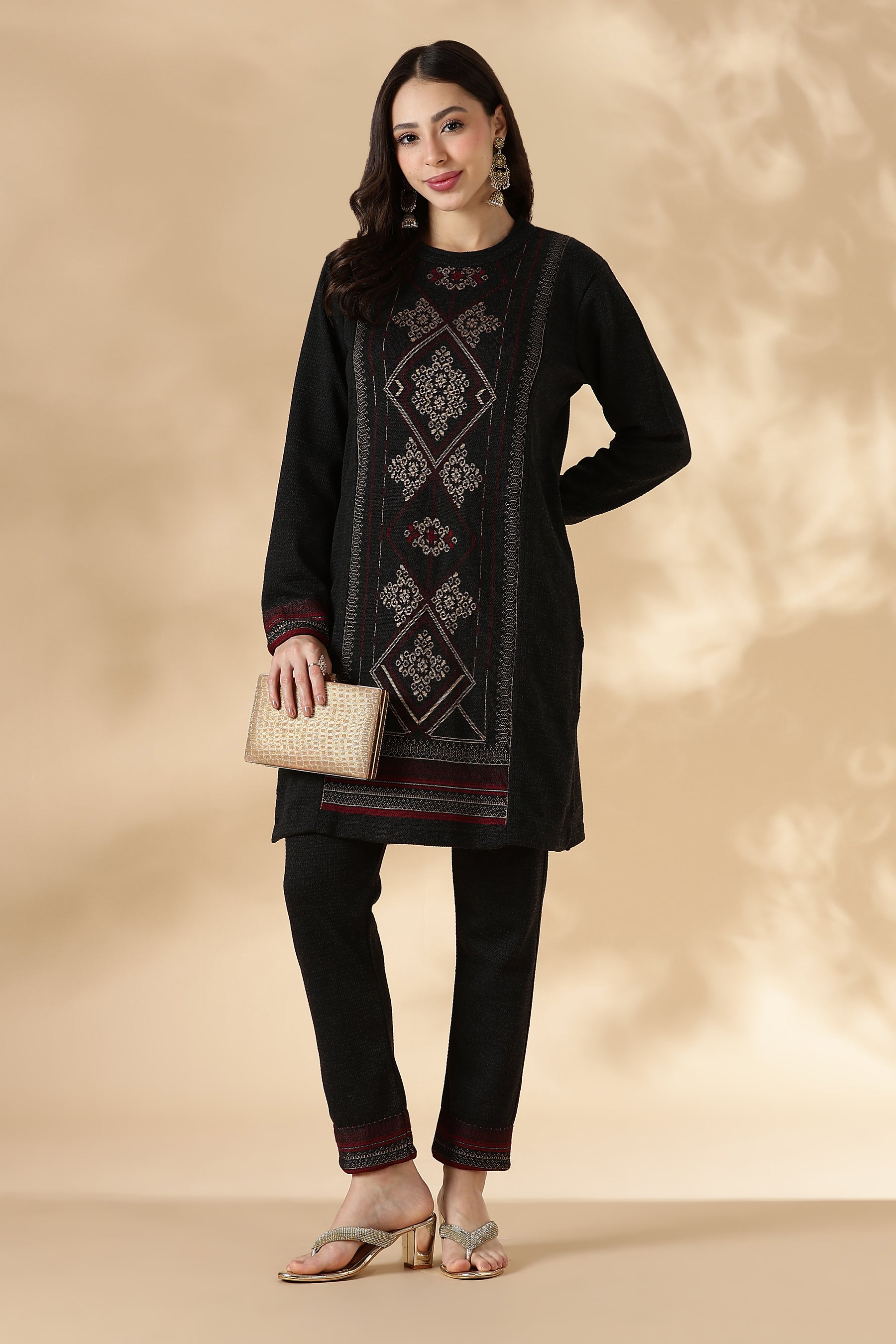 Black Geometric Motif Panel kurta Pant set