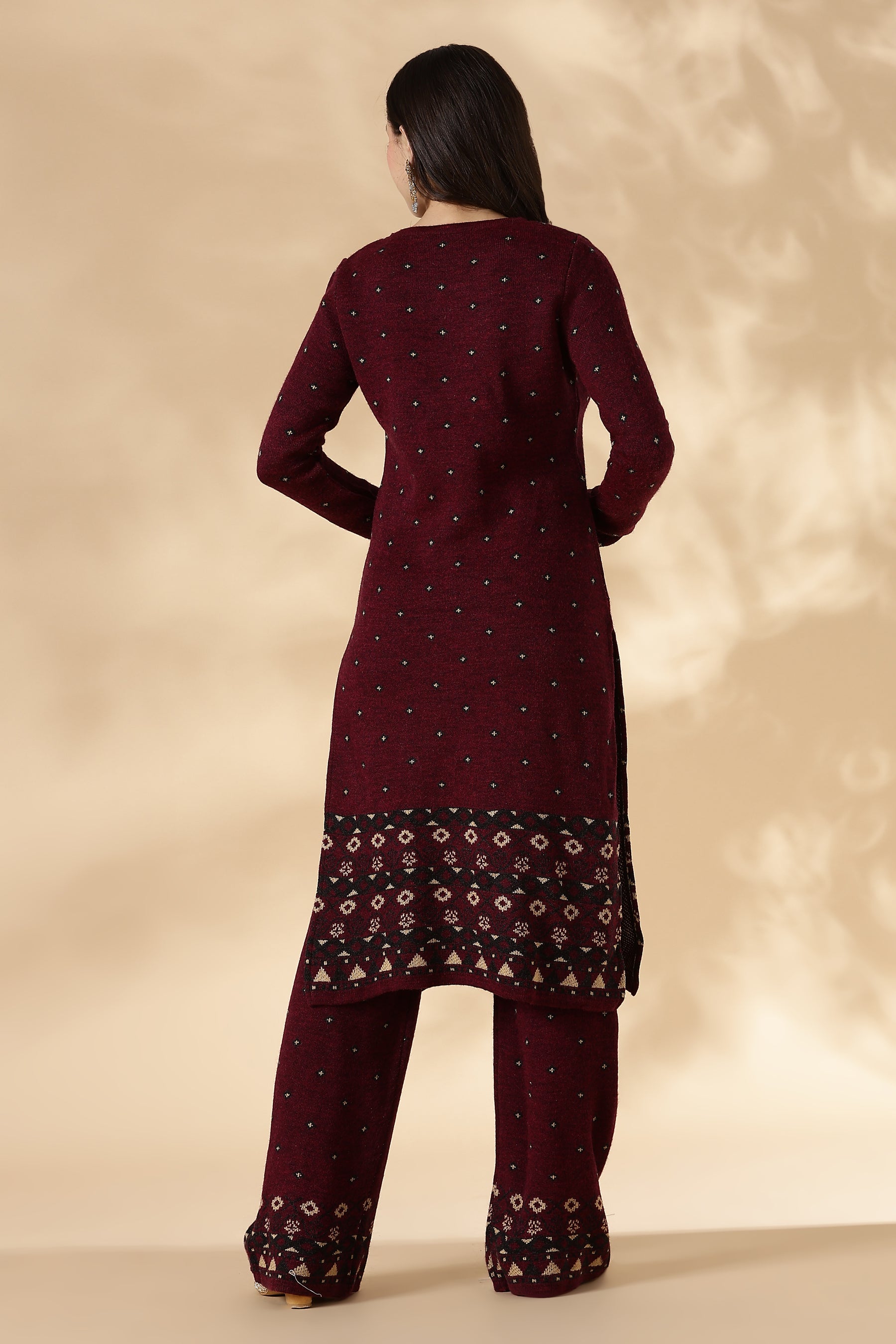 Maroon Kashmiri-Inspired Knitted Kurta Pant Set
