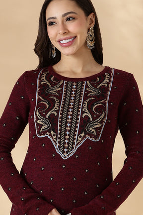 Maroon Kashmiri-Inspired Knitted Kurta Pant Set