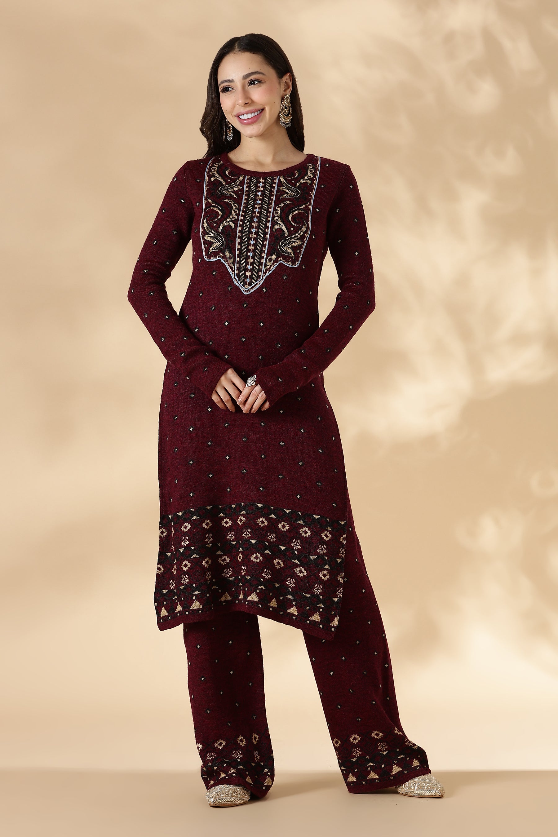 Maroon Kashmiri-Inspired Knitted Kurta Pant Set