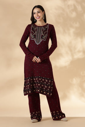 Maroon Kashmiri-Inspired Knitted Kurta Pant Set