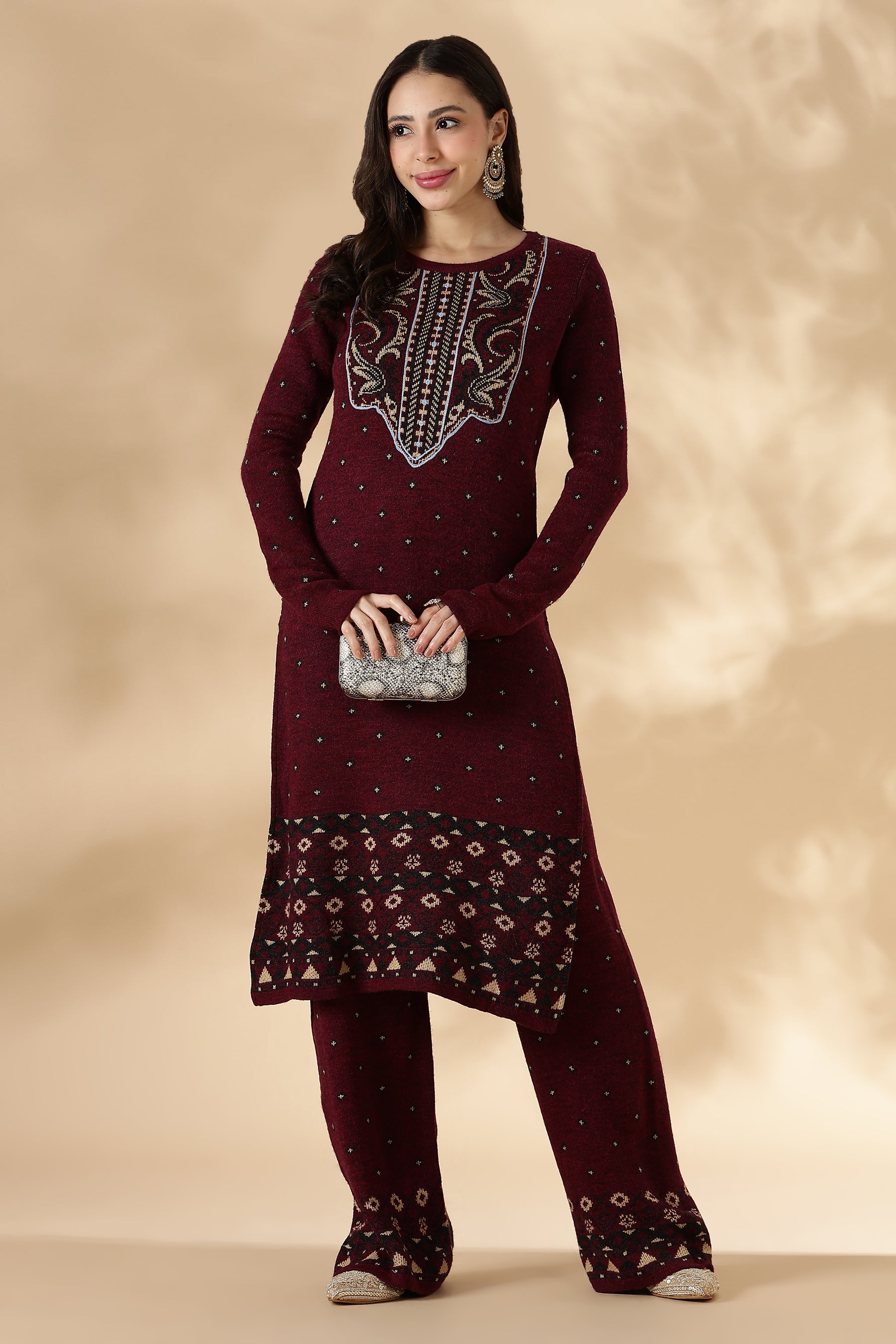 Maroon Kashmiri-Inspired Knitted Kurta Pant Set
