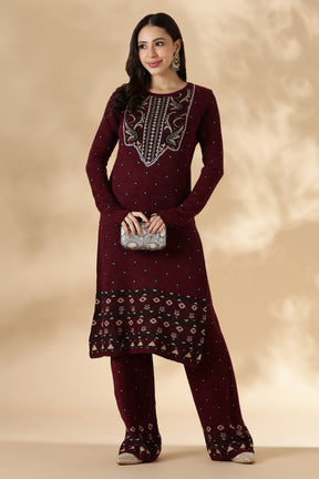 Maroon Kashmiri-Inspired Knitted Kurta Pant Set