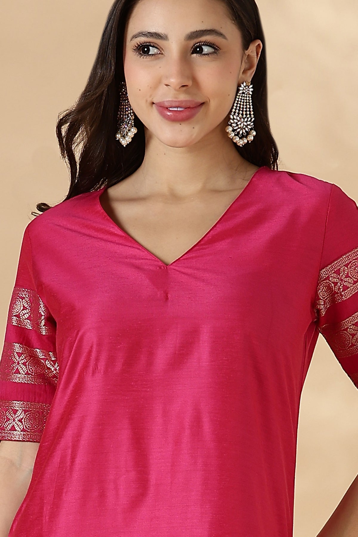 Pink Kurta Pant set with Brocade Detail