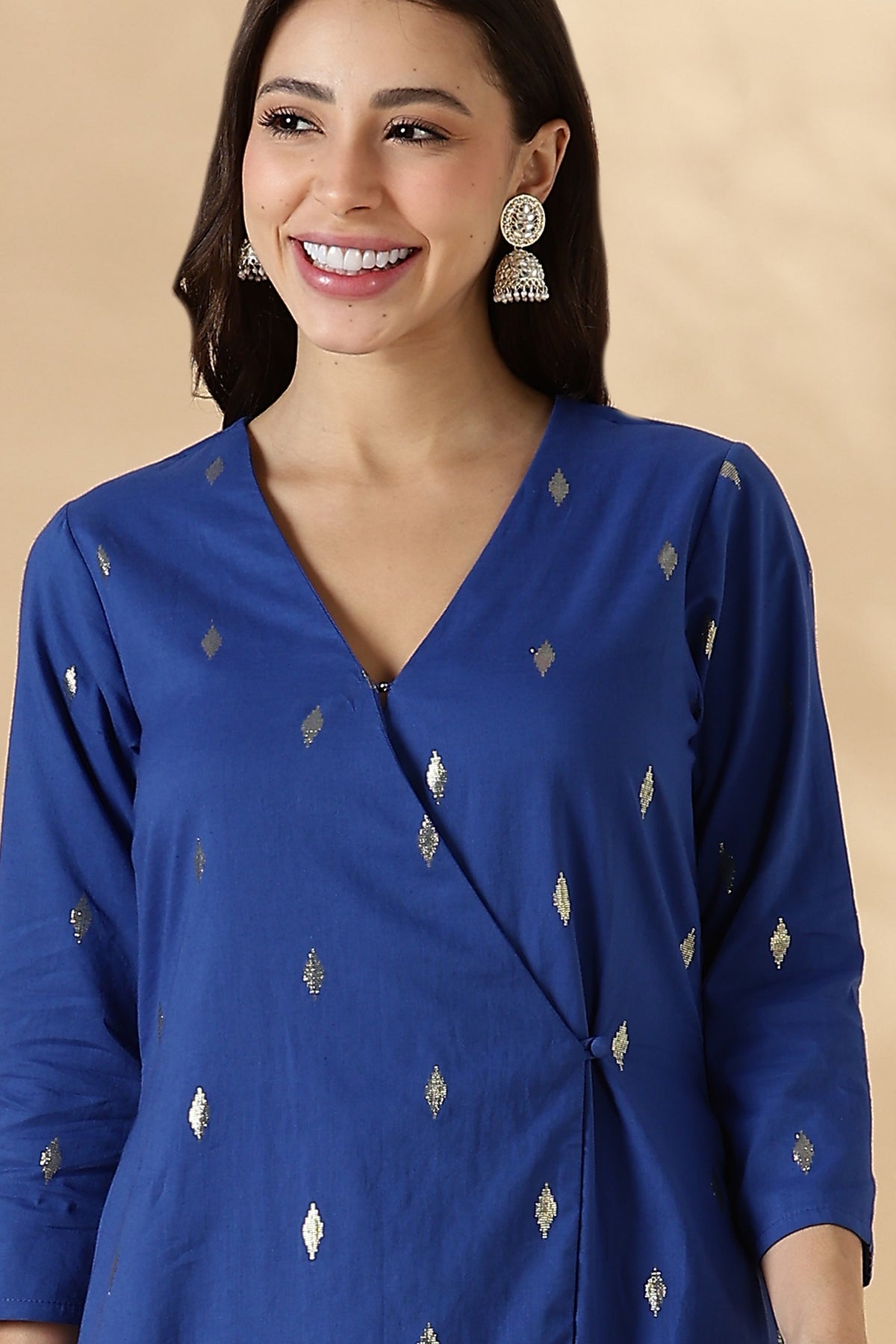 Blue Overlap Lurex Kurta with Straight Pants