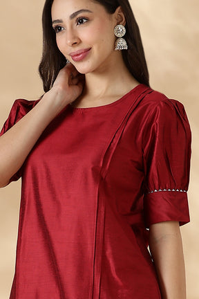 Red Solid Round Neck Kurta Pant Set With Short Puff Sleeves