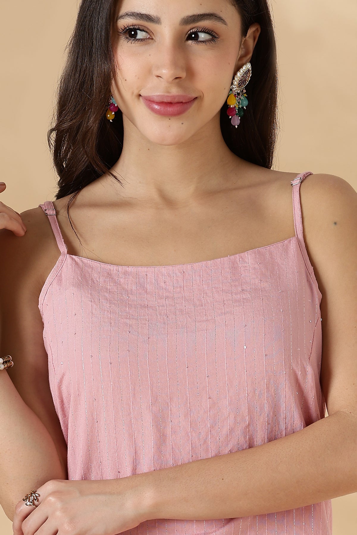 Lurex Sequin Strappy Kurta and pant set- Pink