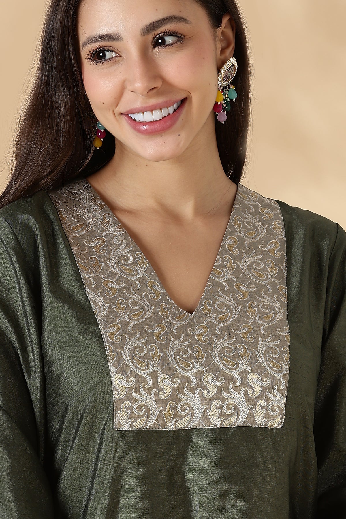 Olive Green V Neck  Kurta with Brocade Accent and  Balloon Sleeves.