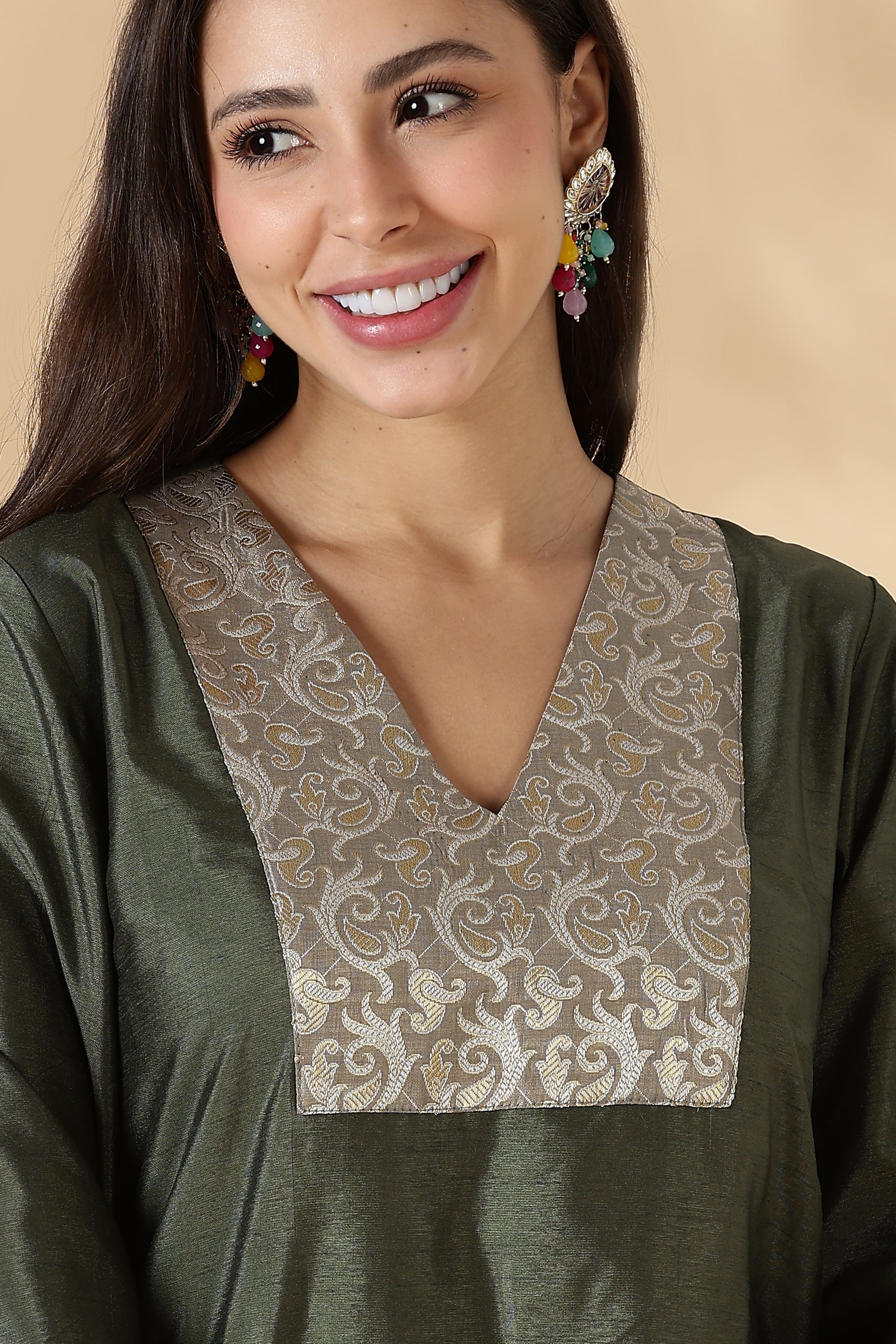 Olive Green V Neck  Kurta with Brocade Accent and  Balloon Sleeves.