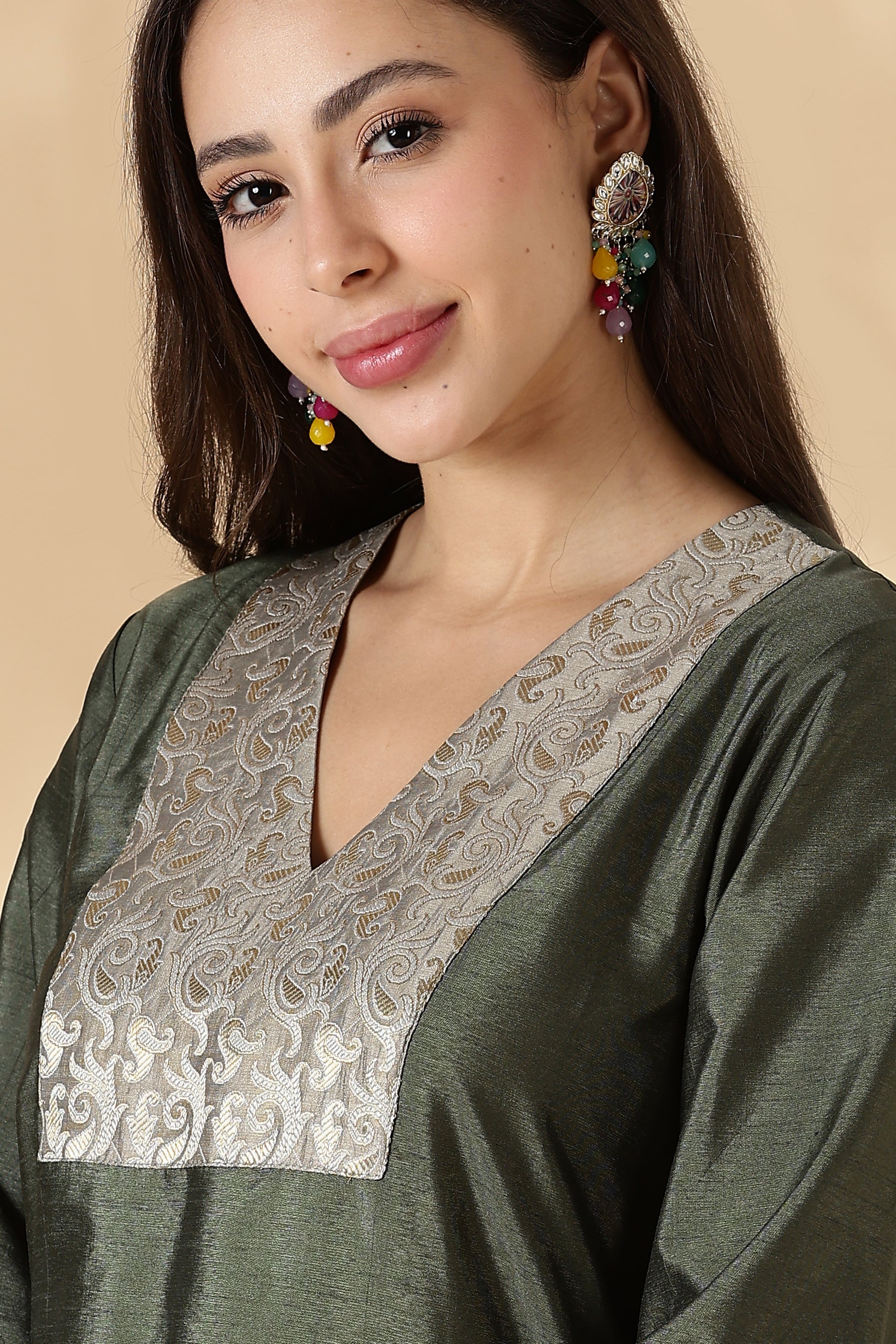 Olive Green V Neck  Kurta with Brocade Accent and  Balloon Sleeves.