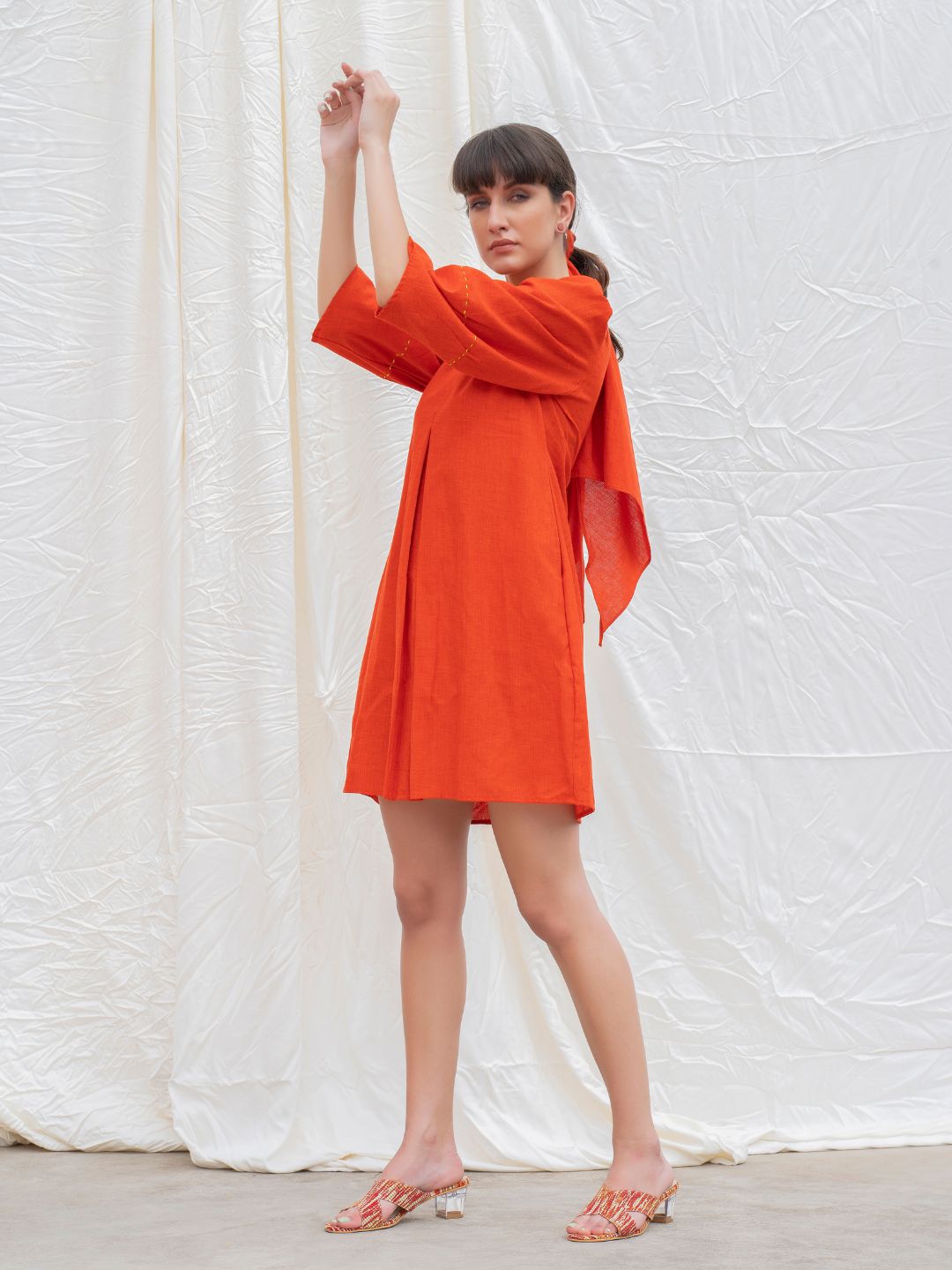 Orange Rust Mangalgiri Box Pleated Dress