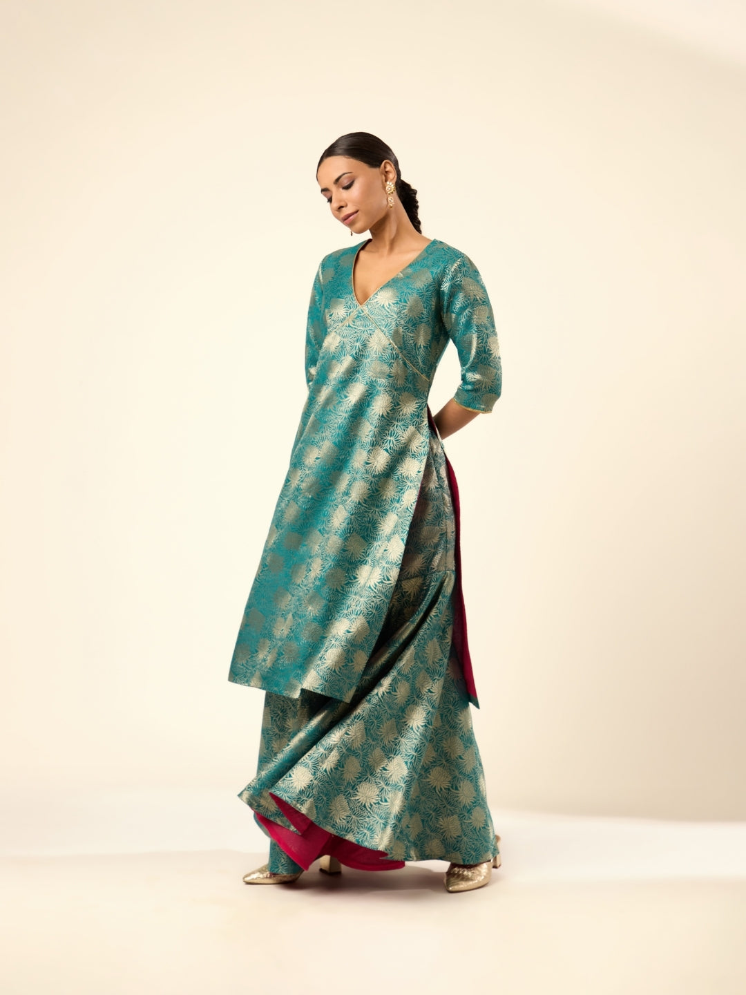 Lotus Jaal Baranasi Silk Sharara- Teal