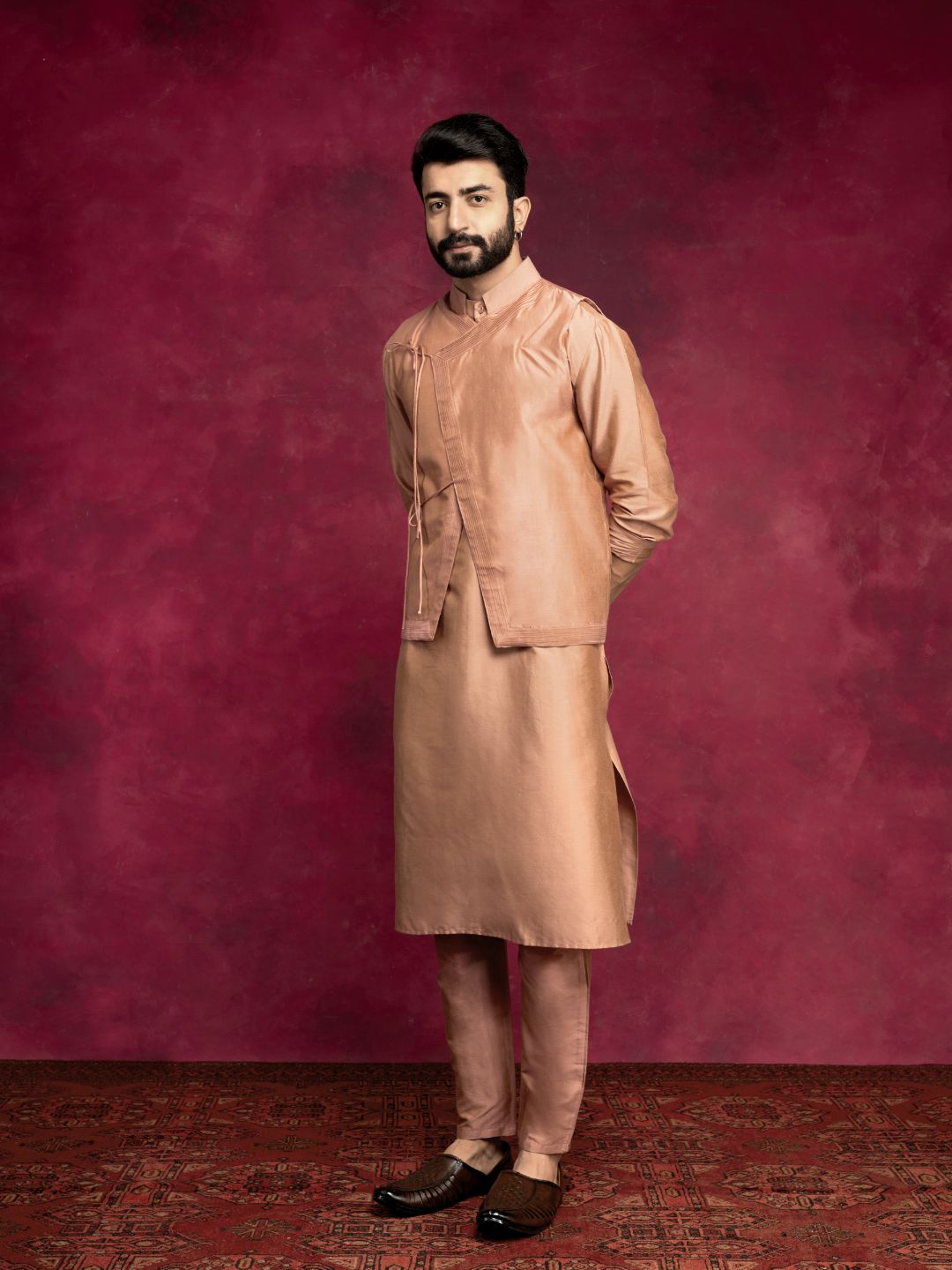 Straight kurta layered with asymmetrical jacket Set-Coffee brown