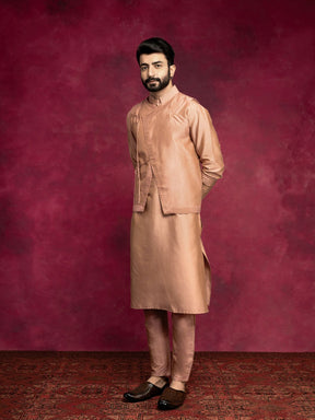 Straight kurta layered with asymmetrical jacket Set-Coffee brown