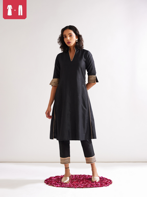 Stand collar straight kurta highlighted with gota patti with pegged pants- Rich black