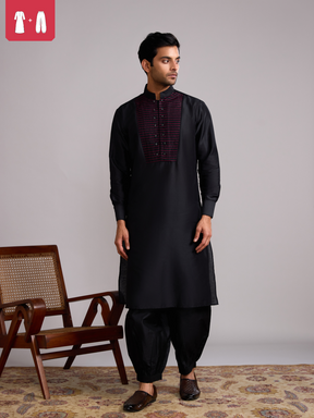 Pintuck yoke straight kurta paired with pathani pants- Rich black